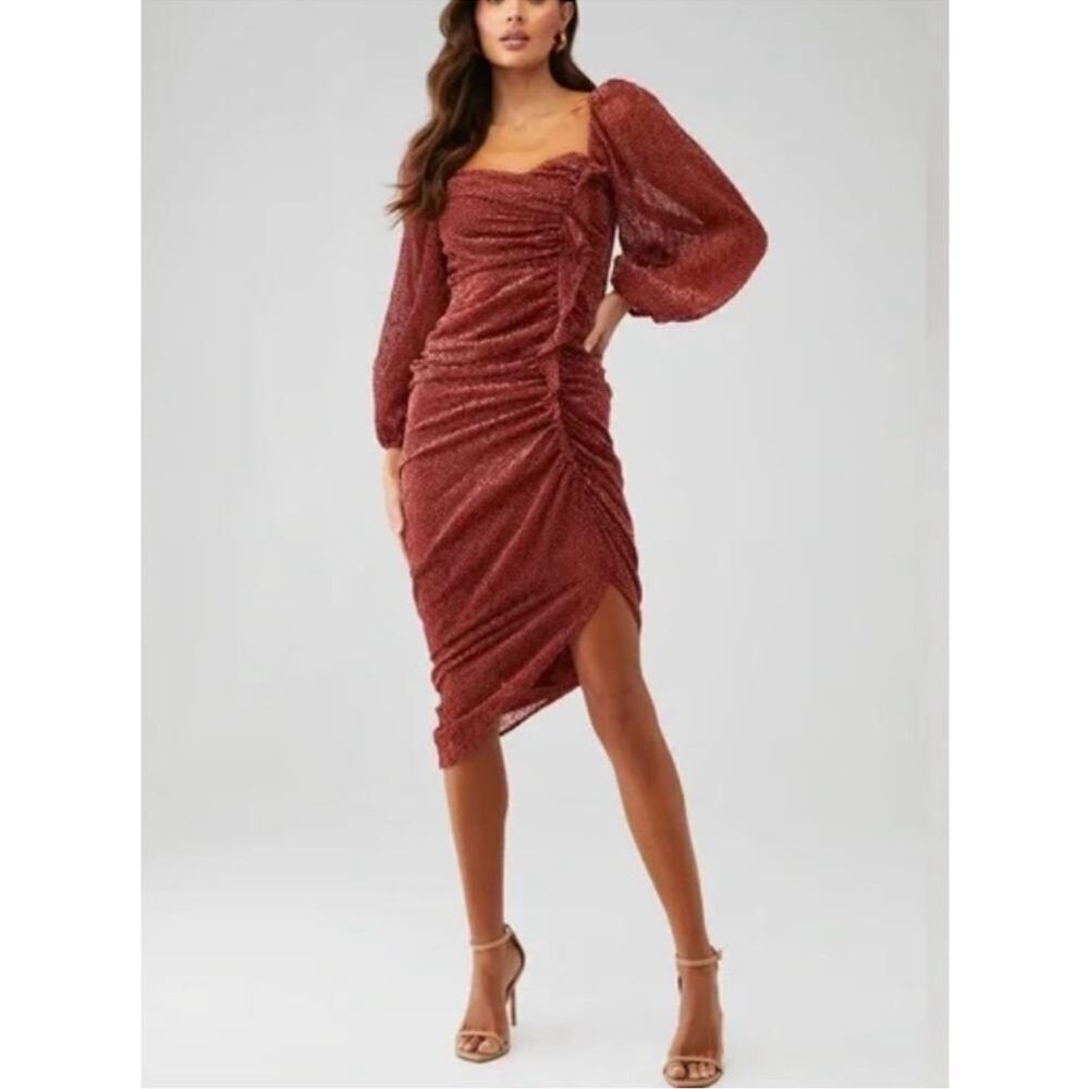ASTR The Label Athens Ruched Puff Sleeve Burnout Velvet Midi dress